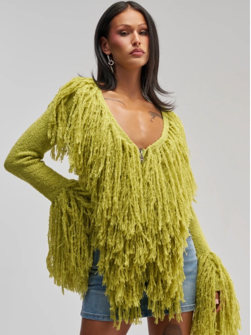 AT YOUR BEST FRINGE CARDIGAN IN CHARTREUSE